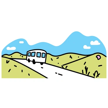 A white school bus is driving along a narrow dirt road in a vast open rural landscape. The bus has large windows and a simple design. On either side of the road, fields of vibrant green grass stretch into the distance, dotted with patches of wildflowers. The horizon is marked by a soft blend of blue skies and fluffy white clouds. In the background, gently rolling hills are visible, creating a serene backdrop to the scene.