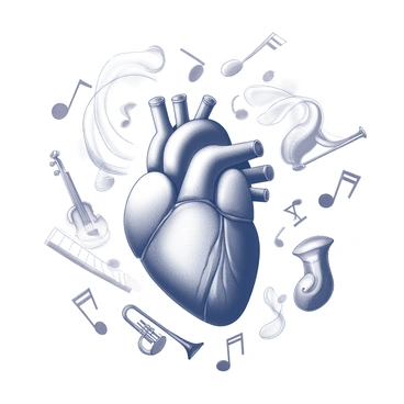 A detailed rendering of a human heart positioned at the center of the composition. Surrounding the heart are various musical notes, some in the shape of eighth notes and others as whole notes, swirling in an intricate pattern. Scattered around the heart are different musical instruments, including a violin, a trumpet, and a piano keyboard, each depicted in a dynamic arrangement that suggests movement. The overall composition conveys a sense of rhythm and harmony, with the heart symbolizing emotion at its core.