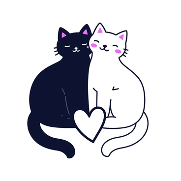 Two outlined cats sitting closely together. The cats are in a minimalistic cartoon style, with one cat being black and the other white. Their tails curve around each other, forming a heart shape at the center. The background is a simple light color to emphasize the cats.