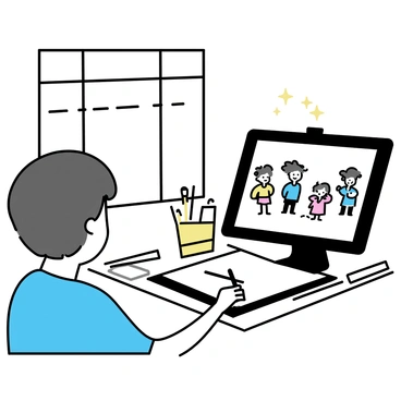 An artist, sitting at a modern desk, is using a black drawing tablet with a stylus. The artist has short, dark hair and is wearing a blue shirt. On the tablet screen, colorful digital cartoon characters with exaggerated features and bright colors are being illustrated. The surrounding area is organized with various art supplies and a sketchbook lying open. A large window in the background allows natural light to illuminate the workspace.