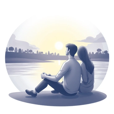 A couple sitting closely together on a riverbank. They are gazing at the sunset, which casts a warm glow over the Jordan River. The river reflects the light, creating a shimmering effect on its surface. In the background, there are silhouettes of distant trees lining the riverbank. The sky features a gradient of shades as the sun descends, enhancing the romantic atmosphere. The couple is engaged in a tender moment, with their hands intertwined, enjoying the tranquility of the scene.