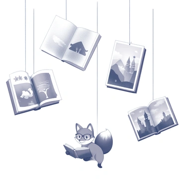 A variety of book illustrations are suspended in the air, each unique and intricate in design. Some feature whimsical characters, such as a smiling fox wearing glasses and reading a book. Others include magical landscapes with rolling hills and towering castles. Each illustration is distinct, showcasing elements like stars, flowers, and fantastical creatures. The collection appears dynamic as the images seem to gently sway, capturing a sense of movement and playfulness.