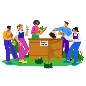 A group of local residents, consisting of diverse individuals including a woman with curly hair and a man with glasses, are actively adding organic waste to a large, wooden compost bin. The compost bin is situated in a community garden, surrounded by green plants and flowering shrubs. One resident is holding a bag of vegetable scraps, while another is pouring coffee grounds into the bin. The scene is lively, with a sunny day illuminating the area, creating a sense of community involvement and environmental awareness. “Compost in Action” is visible on a sign attached to the compost bin, promoting sustainable practices.