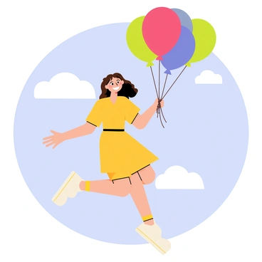 A cartoon girl with long brown hair, wearing a bright yellow dress, is holding onto a bunch of colorful balloons. The balloons are in various colors, including red, blue, green, and purple, all floating above her head. The girl is smiling widely, her feet lifted off the ground as she floats in a clear blue sky with a few fluffy white clouds scattered around. The sunlight casts a warm glow on her face, enhancing the cheerful atmosphere of the scene.