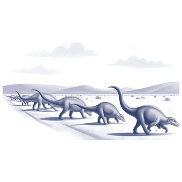 A herd of iguanodons is migrating across a vast plain. The dinosaurs are depicted in various poses, some walking while others are grazing. The landscape features gentle hills in the background, with sparse vegetation scattered throughout the plain. The sky above is filled with fluffy clouds. The iguanodons exhibit their characteristic thumb spikes and elongated bodies as they move collectively, demonstrating their social behavior during this seasonal migration.