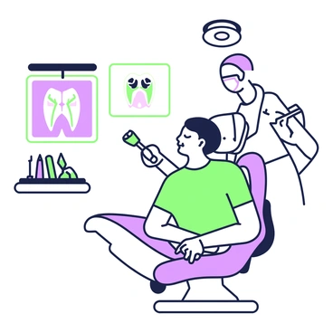 A person is sitting in a dentist's chair, visibly wincing in discomfort. The chair is reclined, and the person has their hands gripping the armrests. Above them, a bright light is shining down, illuminating their face. A dental drill is held by the dentist, who is wearing a mask and gloves, positioned to the side of the patient. The room is equipped with various dental tools arranged neatly on a tray nearby. A wall-mounted screen displaying dental x-rays is visible in the background, adding to the clinical atmosphere of the setting.