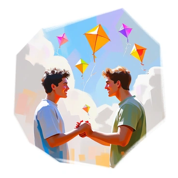 Two friends with diverse features are shaking hands and smiling at each other. One friend has dark curly hair and is wearing a blue shirt, while the other has light brown hair and is dressed in a green t-shirt. They are positioned in the foreground, with their hands clasped firmly. Above them, a vibrant sky is filled with numerous colorful kites of various shapes and sizes, soaring against a backdrop of soft clouds. The scene conveys a joyful atmosphere, with the kites dancing in the wind as the friends share a light moment together.