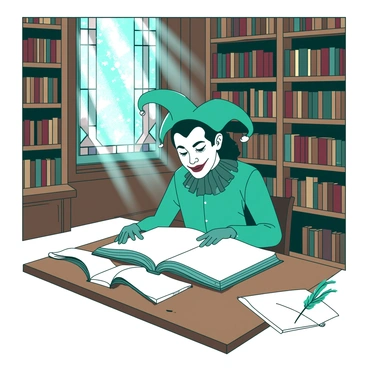 A teal jester in colorful attire is sitting at a large wooden table in a grand library. The library is filled with tall shelves stacked with numerous books that reach the ceiling. The jester has a look of fascination on his face as he reads a large, open book resting on the table. Sunlight streams through a tall stained-glass window, casting light onto the pages of the book. Around the jester, there are scattered quills and parchment, hinting at his dedication to studying.