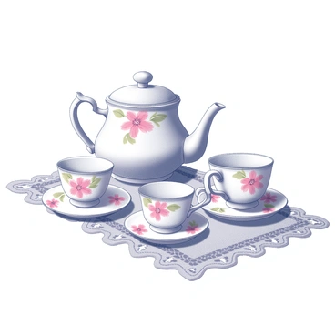 A vintage tea set arranged on a lace tablecloth. The tea set consists of a teapot, teacups, and saucers, all intricately decorated with "pink flower motifs." The lace tablecloth features delicate patterns and textures that enhance the overall elegance of the setting. The teapot is positioned in the center, with a cup and saucer placed next to it, ready for use. The scene is softly lit to highlight the details of the tea set and the lace fabric beneath it.