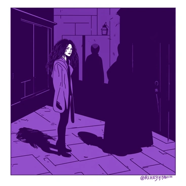 A purple Bellatrix Lestrange stands with a manic expression on her face as she converses with two shadowy figures in a dark, dimly lit alleyway. The cobblestone ground glistens with moisture, reflecting faint light from a distant street lamp. The figures are cloaked in black, their faces obscured in darkness, but their presence exudes an air of mystery. Bellatrix's long, wild black hair flows around her, contrasting sharply with the muted shadows surrounding her. The atmosphere is tense, filled with an unspoken exchange of secrets.