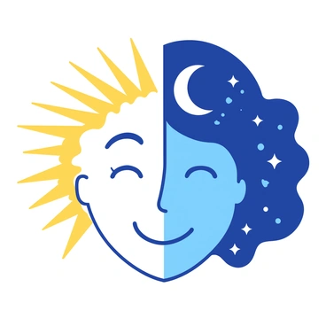 A face is shown split down the middle. The left side represents "day" with bright yellow rays of sunlight radiating from the features, illuminating a cheerful smile. The right side embodies "night" with deep blue hues surrounding the calm expression, adorned with twinkling white stars and a crescent moon above the brow. Each half of the face contrasts sharply, highlighting the differences between the two times of day.