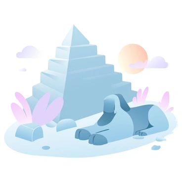 A large, majestic pyramid towers against a clear sky, its stone blocks perfectly aligned and reflecting the warm hues of the setting sun. In the foreground, a mysterious sphinx lies quietly, its body draped in soft sands, while the sun casts long shadows across its featureless form. The surrounding landscape is dotted with smaller stones and sparse vegetation, enhancing the grandeur of the pyramid and sphinx. A gentle gradient of pastel colors envelops the scene, creating an ethereal atmosphere around these ancient structures.