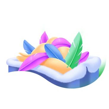 A modern pastel illustration featuring a pile of "colorful feathers" in various shades, including pink, blue, yellow, and green, resting on a "soft surface" that appears plush and inviting. The feathers are arranged haphazardly, some overlapping, creating a sense of depth and texture. Light reflects gently off the smooth surface of the feathers, enhancing their vibrancy. The background is minimal to keep the focus on the feathers.