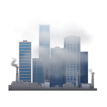 A city skyline featuring tall skyscrapers partially obscured by dense smog. The buildings have a mix of modern glass and concrete facades, reflecting a muted light. In the foreground, there are hints of industrial structures, such as smokestacks releasing gray plumes into the air. The smog creates a hazy atmosphere, softening the outline of the buildings and giving the scene a muted, subdued color palette. "Excessive industrial emissions" are visually represented by the swirling clouds of smog hovering over the skyline.