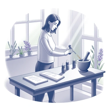 A person standing at a wooden table filled with small bottles of essential oils. The individual is focused on pouring a few drops from a dark glass bottle into a clear glass container. The surroundings are filled with various herbs and flowers, creating a visually rich environment. Sunlight streams through a nearby window, illuminating the scene and casting soft shadows. A mortar and pestle sit in the corner, alongside a notebook with handwritten notes on oil blends. The overall atmosphere suggests a vibrant and fragrant space dedicated to the art of mixing essential oils.
