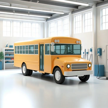 An electric school bus, painted bright yellow, is parked inside a spacious, modern garage. The garage features sleek, polished concrete floors and high ceilings with large windows allowing natural light to flood the space. There are several charging stations along the walls, equipped with cables attached to the bus. Tools and maintenance equipment are neatly organized on shelves in the background. The overall atmosphere is clean and efficient, emphasizing the functionality of the garage environment.