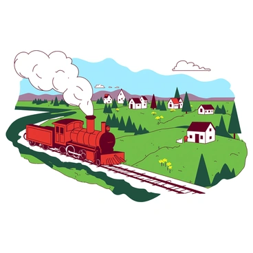 A red train with steam billowing from its chimney is traveling across a flat Earth landscape. The train is moving swiftly along a winding track. On either side of the train, there are lush green fields dotted with yellow wildflowers. In the distance, small white houses and buildings of various shapes and sizes can be seen in a quaint town. The sky above is bright and clear, providing a spacious backdrop for the scene. The train's carriages are adorned with colorful banners that flutter in the breeze as it passes through the landscape.