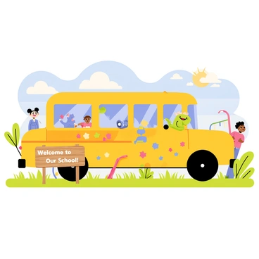 A yellow school bus featuring playful cartoon characters painted on its sides, including a smiling sun, a friendly dinosaur, and colorful stars. The bus is parked in a bright schoolyard surrounded by green grass and colorful playground equipment. Children can be seen in the background, playing and laughing, while a clear blue sky with fluffy white clouds provides a cheerful atmosphere. In front of the bus, there is a wooden sign that says "Welcome to Our School!"