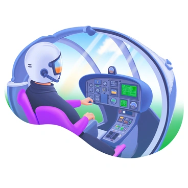 A modern pastel illustration depicting a pilot seated inside the cockpit of an NH90 helicopter. The pilot is wearing a flight helmet and a dark flight suit, with their hands on the controls. The cockpit features an array of buttons, switches, and screens displaying important flight information. Sunlight streams through the cockpit windows, illuminating the instruments and highlighting the sophisticated design of the helicopter's interior. Various gauges and dials are visible, along with a clear view of the sky outside.