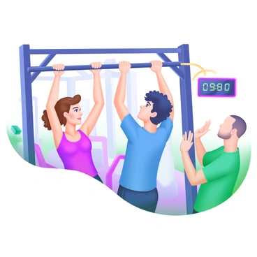 A group of three friends is positioned in a gym, each gripping a horizontal pull-up bar. One friend, a woman with short brown hair wearing a bright red tank top, is hanging with a determined expression. Another friend, a man with curly black hair, is in a blue t-shirt, visibly exerting effort as he tries to maintain his grip. The third friend, a tall man with a shaved head dressed in a green shirt, is cheering them on enthusiastically from the side. Various gym equipment is visible in the background, and a timer is prominently displayed on a digital screen, counting up the seconds. Bright lights illuminate the scene, highlighting the competitive spirit among friends.