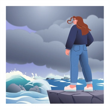 A woman named Priscilla with long brown hair is standing at the edge of a rocky cliff. She is looking out towards the horizon, where dark storm clouds are gathering, casting shadows over the landscape. She is wearing a fitted black jacket and denim jeans, and her expression shows determination. The wind is blowing her hair back, and a few loose strands are dancing around her face. Below the cliff, rough ocean waves crash against the rocks, sending up white spray. The sky is a dramatic mix of deep gray and hints of purple, signaling the impending storm.
