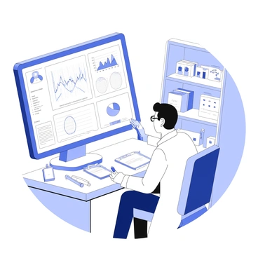 A biomedical engineer is seated in a laboratory, focused on analyzing complex health data displayed on a large screen in front of them. The screen shows intricate graphs, charts, and statistics, offering a detailed view of patient information and research findings. The engineer is wearing a lab coat and safety glasses, with a notepad and pen beside them for taking notes. Various scientific equipment and tools are neatly arranged on the workbench around them, and there are shelves filled with research materials and medical devices in the background.