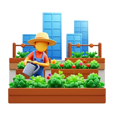 An urban farmer in a straw hat is carefully tending to a lush rooftop garden. The garden is filled with vibrant green vegetables such as tomatoes, lettuce, and peppers, alongside colorful flowers like marigolds and petunias. The farmer is using a watering can to nourish the plants. In the background, city skyscrapers loom, framing the rooftop garden, which features wooden planters and trellises. Sunlight casts a warm glow over the scene, highlighting the abundance of the garden.