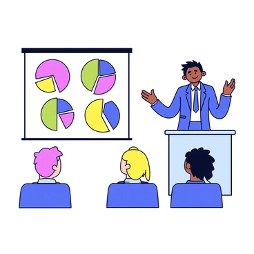 A banker wearing a professional suit stands at a simple desk, engaging an audience. The banker has short, neatly combed hair and is animatedly gesturing towards a large screen displaying several colorful pie charts. Each pie chart features different segments in vibrant colors, clearly illustrating various budgeting strategies. The setting is bright and uncluttered, emphasizing the banker and the visual aids. A few audience members are seated, attentively listening.