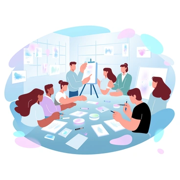 A group of students is gathered around a large table filled with various art supplies, including sketchbooks, colored pencils, and paints. Each student is focused on their own illustration project, experimenting with different techniques. In the background, a mentor stands beside an easel, pointing to an example drawing while providing guidance. The workshop space is filled with large windows that allow natural light to illuminate the colorful artwork scattered throughout the room. Various finished illustrations are pinned to the walls, showcasing a variety of styles and techniques.