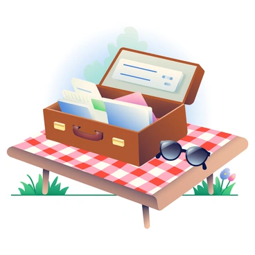 A brown leather briefcase is sitting on a wooden table, partially opened to reveal papers and a laptop inside. Next to the briefcase are a pair of stylish sunglasses with dark lenses and a sleek black frame. The table is adorned with a bright red and white checkered picnic blanket. Surrounding the table are green grass and a few wildflowers, indicating a sunny summer day. In the background, there are hints of trees and a clear blue sky above.