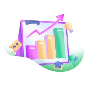 A modern pastel illustration featuring a bar chart displayed prominently. The chart has bars in different pastel colors that represent various levels of career progression and skills. Each bar is labeled with a specific skill or career milestone. Above the chart, there is an upward arrow symbolizing steady growth. Surrounding the chart are icons representing skills, such as a graduation cap, a briefcase, and a light bulb, all in soft pastel tones.