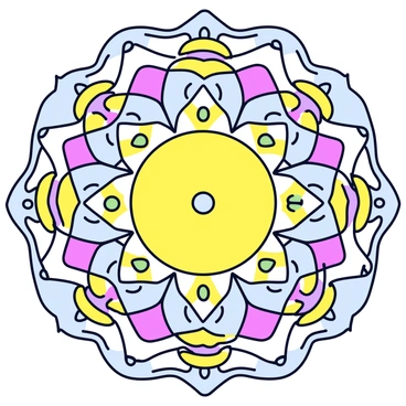 A circular mandala featuring intricate geometric patterns and shapes. The design incorporates faded colors like pastel pinks, yellows, and greens. Each layer of the mandala displays detailed motifs that radiate outward, creating a harmonious and symmetrical appearance. The overall look is reminiscent of 1970s aesthetics, with flowing lines and rounded shapes complementing the vibrant yet soft color palette.