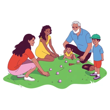 A group of people from different cultures is gathered on a green lawn, engaged in a game of petanque. There are five individuals: a woman with long black hair wearing a red shirt, a man with a short beard dressed in a blue polo shirt, a girl with curly hair in a yellow dress, an elderly man with gray hair sporting a teal hat, and a young boy in orange shorts. They are smiling and focused, with metallic petanque balls scattered around them. One person is bending down to measure the distance between a ball and the target, while others are chatting and laughing, creating a lively atmosphere. The sunlight casts soft shadows on the ground, enhancing the cheerful scene.
