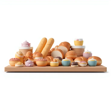 A bakery display, featuring a wooden table filled with a variety of freshly baked breads and pastries. There are golden-brown baguettes, round loaves of sourdough with a crisp crust, and soft rolls topped with sesame seeds. Scattered among the breads are delicate pastries, including flaky croissants, filled danishes with fruit, and eclairs drizzled with chocolate. The display also includes small jars filled with colorful jam and butter, creating a visually appealing arrangement. A warm light illuminates the scene, enhancing the fresh and inviting atmosphere of the bakery.