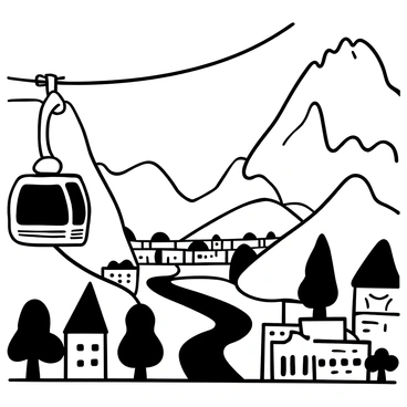 A cable car moving upward along a thick metal cable, with its structure detailed and robust. The mountains rise steeply on either side, with jagged peaks and rocky surfaces visible. Below, the city of Grenoble is spread out, with distinct buildings and roads forming a grid pattern. Trees dot the landscape, and a winding river can be seen flowing through the city. The sky above is clear, offering an unobstructed view of the surrounding natural beauty. The scene is framed to emphasize the ascent of the cable car amidst the mountainous terrain.