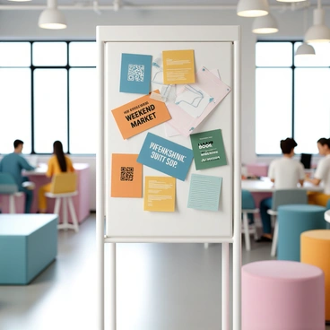 A community board is prominently displayed in a vibrant coworking space. The board is covered with a variety of flyers and announcements in different colors and formats. Some flyers advertise local events, while others promote workshops and classes. There's a bright orange flyer with bold black text announcing a weekend market. A blue flyer features a QR code for a technology meet-up, and a green announcement highlights a book club gathering. The surrounding area is filled with modern furniture, including a few desks and colorful chairs, where people are engaged in work and collaboration. Natural light floods the space through large windows, creating an inviting atmosphere.