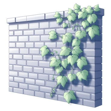 A brick wall with a rough texture made up of several rows of bricks. The wall has sections where the mortar is visible between the bricks. Thick, green ivy leaves climb up the wall, with some tendrils wrapping around the bricks. The ivy covers a significant portion of the wall, creating a dense, natural pattern against the hard surface. The leaves are abundant and healthy, providing an interesting contrast to the solid, rugged texture of the bricks.