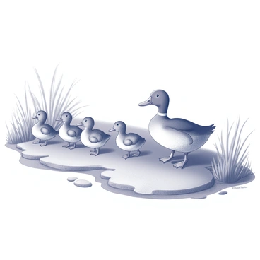 A mother duck leading a line of ducklings across a marshy area. The mother duck is slightly larger, with a rounded body and a distinct shape, walking confidently ahead. The ducklings are small, fluffy, and closely following her, forming a single file behind her. The marshy area is characterized by patches of tall grass, some reeds, and small pools of water reflecting the surroundings. The scene captures the interaction between the mother and her ducklings as they navigate through the wetland environment.