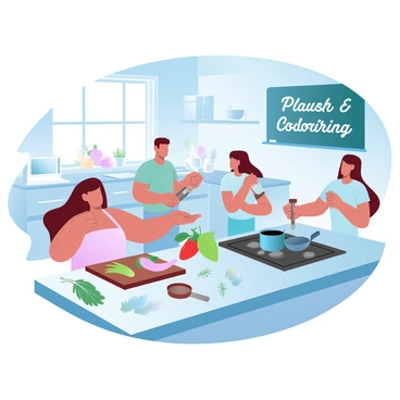 A bright kitchen is filled with students engaged in a cooking class. One student is chopping vegetables on a wooden cutting board, while another is stirring a pot on the stove. A third student is measuring ingredients using a set of measuring cups. Various colorful ingredients such as peppers, herbs, and spices are visible on the countertops, adding vibrancy to the scene. The kitchen is equipped with modern appliances, and large windows allow natural light to fill the space. Cookbooks and utensils are scattered around, emphasizing the learning environment. A large chalkboard displays the recipe, with the name of the dish written in bold letters.