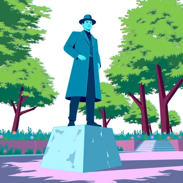 A bronze statue of a distinguished historical figure with a solemn expression, wearing a long coat and a hat, stands prominently on a marble pedestal. The statue is situated in a lush, leafy park filled with vibrant green trees and colorful flowering plants. Sunlight filters through the leaves, casting dappled shadows on the ground around the statue. The park is tranquil, with a stone pathway winding nearby, inviting visitors to pause and admire the sculpture.