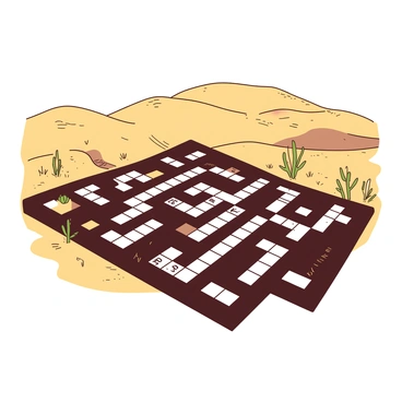 A detailed view of a crossword puzzle layout embedded in the golden sands of the desert. The crossword puzzle's black grid contrasts sharply with the warm tones of the sand, creating a stark visual. Each word in the puzzle is clearly defined, with distinct white spaces for answers, allowing for easy readability. Surrounding the grid, small desert plants are scattered, adding a touch of green to the scene. In the background, gentle dunes rise and fall, their curves reflecting the light of the sun.