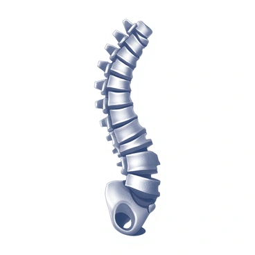 A single vertebra from the human spine displayed prominently in the center of the image. The vertebra is depicted with intricate details, showcasing its cylindrical body, the posterior elements, and the spinous process extending outward. The vertebral foramen is visible, illustrating the space for the spinal cord. The texture of the bone is emphasized, with subtle variations in surface detail indicating natural imperfections. Surrounding the vertebra, a faint outline of the intervertebral discs can be seen, indicating its anatomical context in the spinal column.