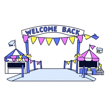 A lively festival entrance with colorful string lights hanging across the pathway. The archway at the entrance is decorated with vibrant banners that read "Welcome Back" in bold, cheerful letters. The pathway is lined with small decorative flags fluttering in the breeze. Nearby, there are booths with festive decorations, adding to the celebratory atmosphere.
