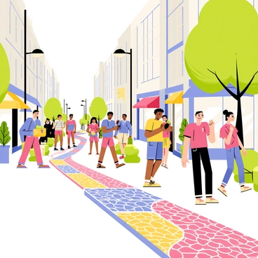 A busy city street bustling with activity. People of various ages and backgrounds walk along the sidewalk. The sidewalk features intricate patterns in multiple colors and shapes, creating a visually stimulating design. Tall buildings line the street, with large shop windows displaying various goods. A few trees provide patches of greenery, and cars are visible in the background, adding to the urban scene. Streetlights illuminate the area, casting soft light on the vibrant sidewalk tiles.