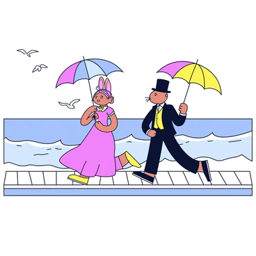 A Victorian rabbit couple is walking along a seaside boardwalk. The male rabbit wears a smart waistcoat and a top hat, while the female rabbit is dressed in an elegant long dress with a lace-trimmed bonnet. They are holding colorful parasols above them; the parasols are in shades of pink, blue, and yellow, casting soft shadows on the wooden planks of the boardwalk. In the background, gentle waves can be seen lapping at the shore, and a few seagulls fly above. The scene captures a cheerful and leisurely atmosphere.