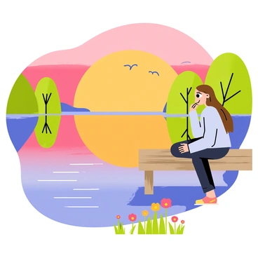 A vibrant sunrise casting orange and pink hues across the sky reflects on the calm surface of a lake. In the foreground, a person with long brown hair wearing a light blue sweater sits on a wooden dock, gazing thoughtfully at the water. Gentle ripples spread across the lake as small birds fly overhead. Lush green trees border the lake, creating a tranquil atmosphere. A few colorful wildflowers bloom at the edge of the dock, adding a touch of color to the serene scene.