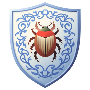 An ornate medieval shield is displayed prominently, with intricate designs etched into its surface. At the center of the shield, there is a large, detailed scarab beetle, showcasing its segmented body and glistening wings. Surrounding the scarab, ornate patterns of vines and leaves are interwoven, adding richness to the design. The edges of the shield are reinforced with a metallic trim, glinting in the light. The background features a softly gradient color, enhancing the shield's prominence and beauty.