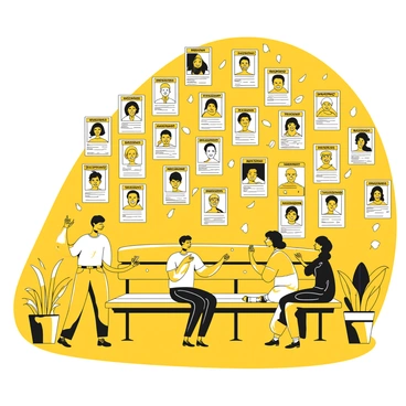 A wall in a community center is densely covered with numerous "missing person" posters. Each poster features a photograph of a person, some with smiling faces, and includes detailed information such as their name, age, and a brief description. The wall is painted in a neutral tone, providing a stark background for the bright white and black posters. Beneath the posters, a wooden bench is placed, and a small group of people can be seen discussing the information on the wall, appearing concerned and engaged. Various pins and tape can be seen holding the posters in place, creating a sense of urgency and community involvement.