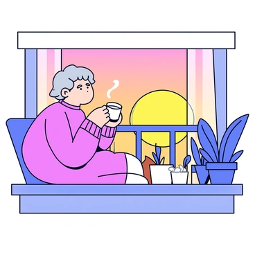 An older person sitting on a balcony, viewing the sunrise. The person has gray hair and is wearing a cozy sweater. In their hands, they hold a white cup of coffee, steam rising gently from it. The balcony features a simple railing, and the sky is filled with warm hues of orange and pink as the sun begins to rise. The atmosphere appears tranquil, with a few potted plants placed around the balcony.