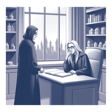 Severus Snape is standing in the headmaster's office, facing Albus Dumbledore, who is seated behind a large wooden desk. Snape has a serious expression on his face, his dark robes contrasting with the light wooden furniture. Dumbledore, with his long silver hair and half-moon spectacles, looks thoughtfully at Snape, his hand resting on an open book in front of him. The walls are lined with shelves filled with various potion ingredients and magical artifacts. A large window behind Dumbledore reveals the silhouette of the castle against a twilight sky. The atmosphere is tense as they discuss matters of great importance.